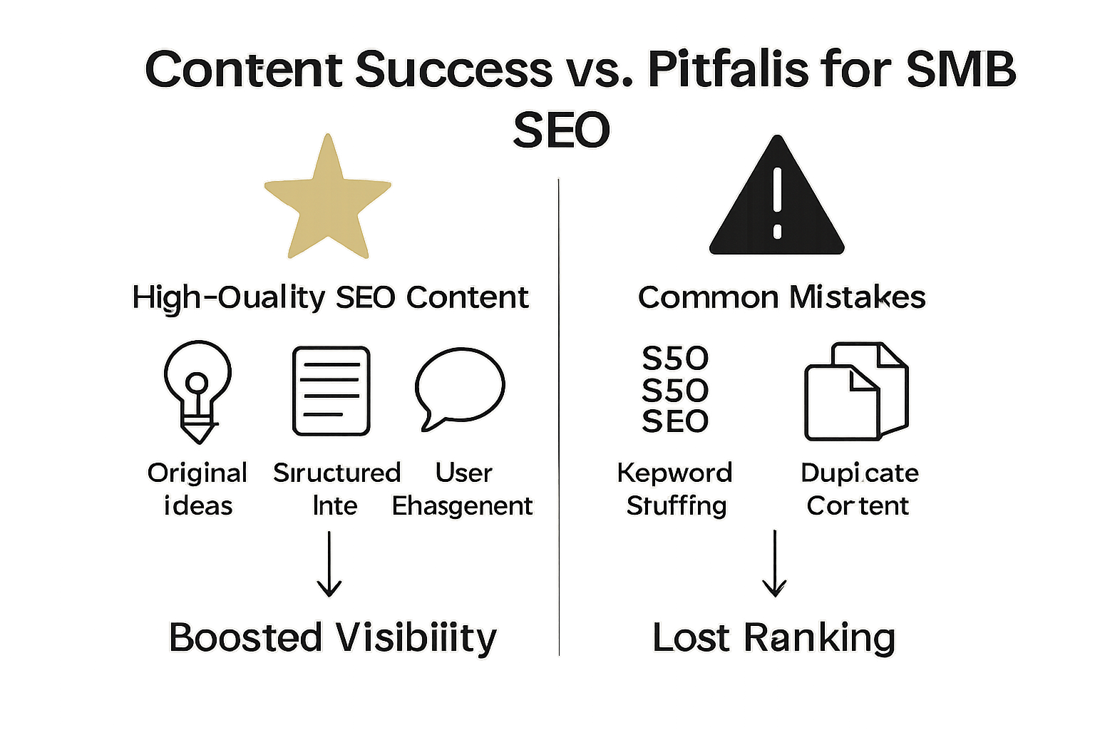 Infographic comparing effective SEO content with common pitfalls for small businesses.