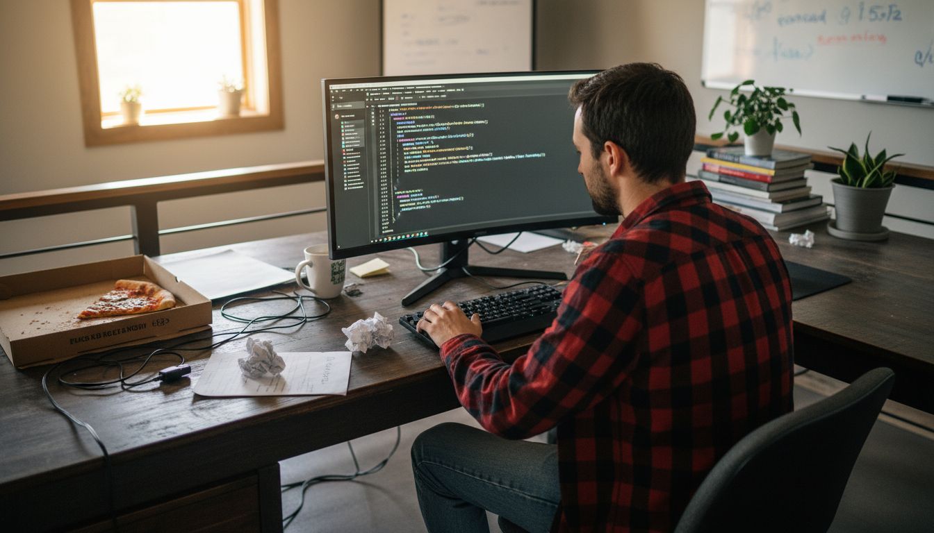 Developer editing schema code on monitor