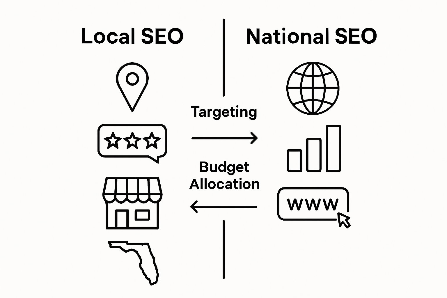 Infographic comparing local and national SEO features