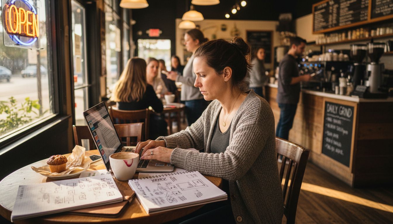 Entrepreneur working on laptop in coffee shop
