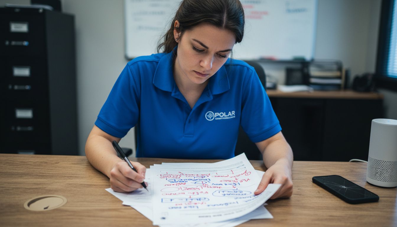 Worker reviewing schema markup printout in office