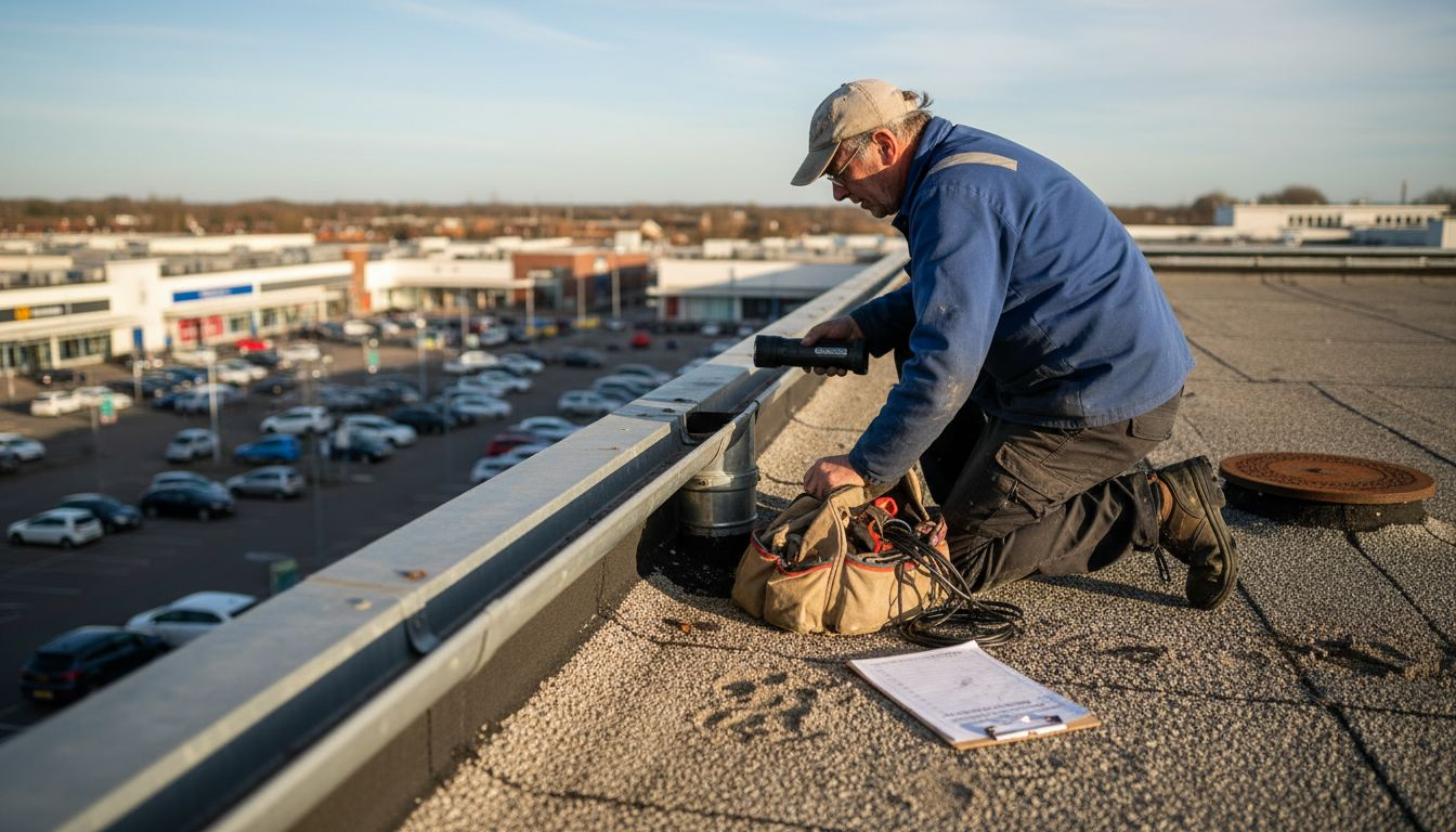 Worker inspecting rooftop gutters for debris