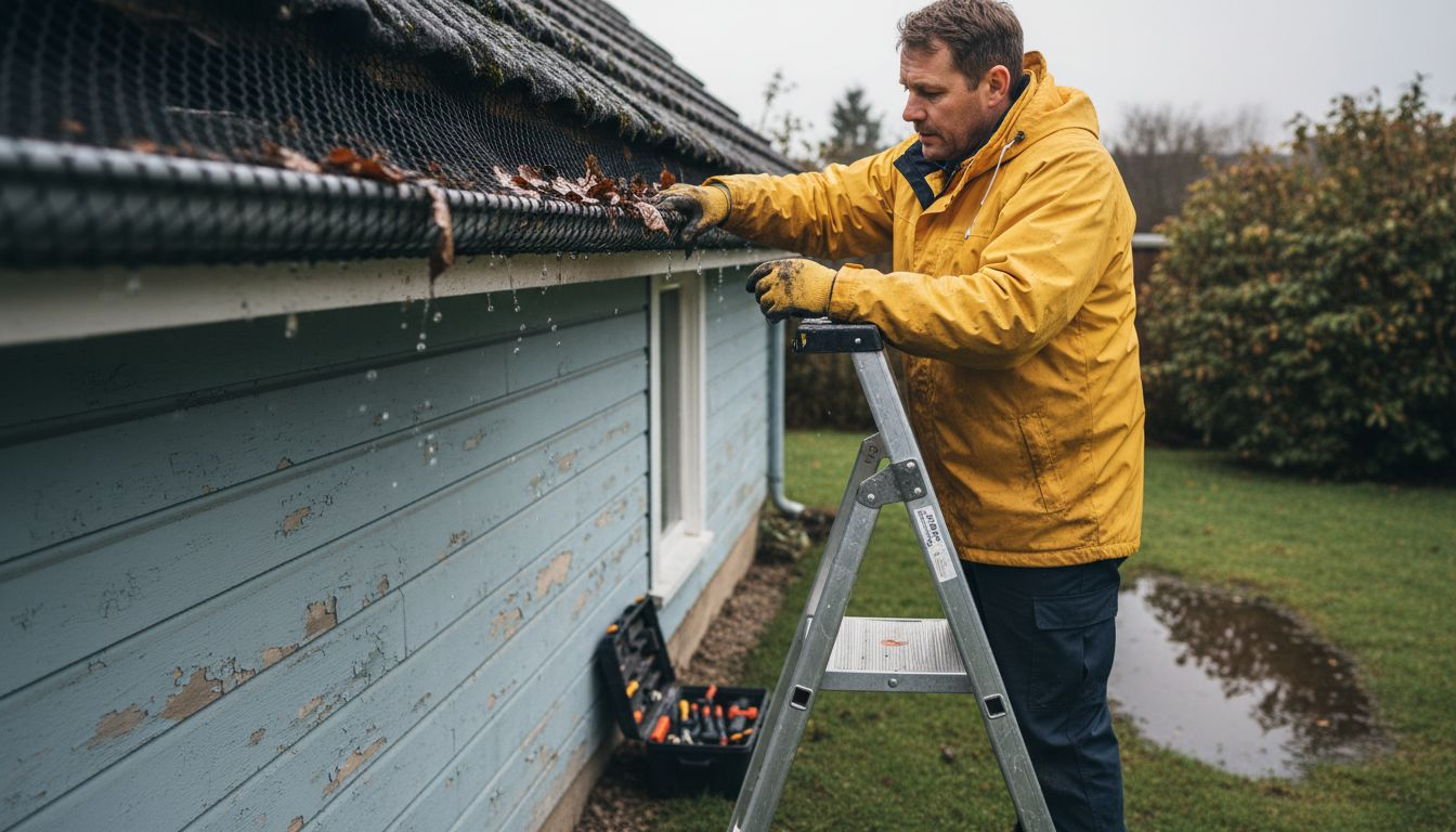Handyman inspecting gutter guard water flow