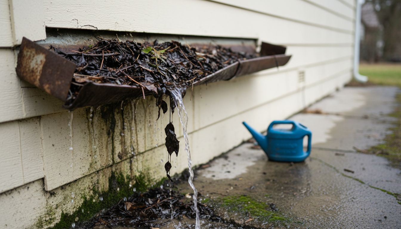 Overflowing gutter showing water damage and debris