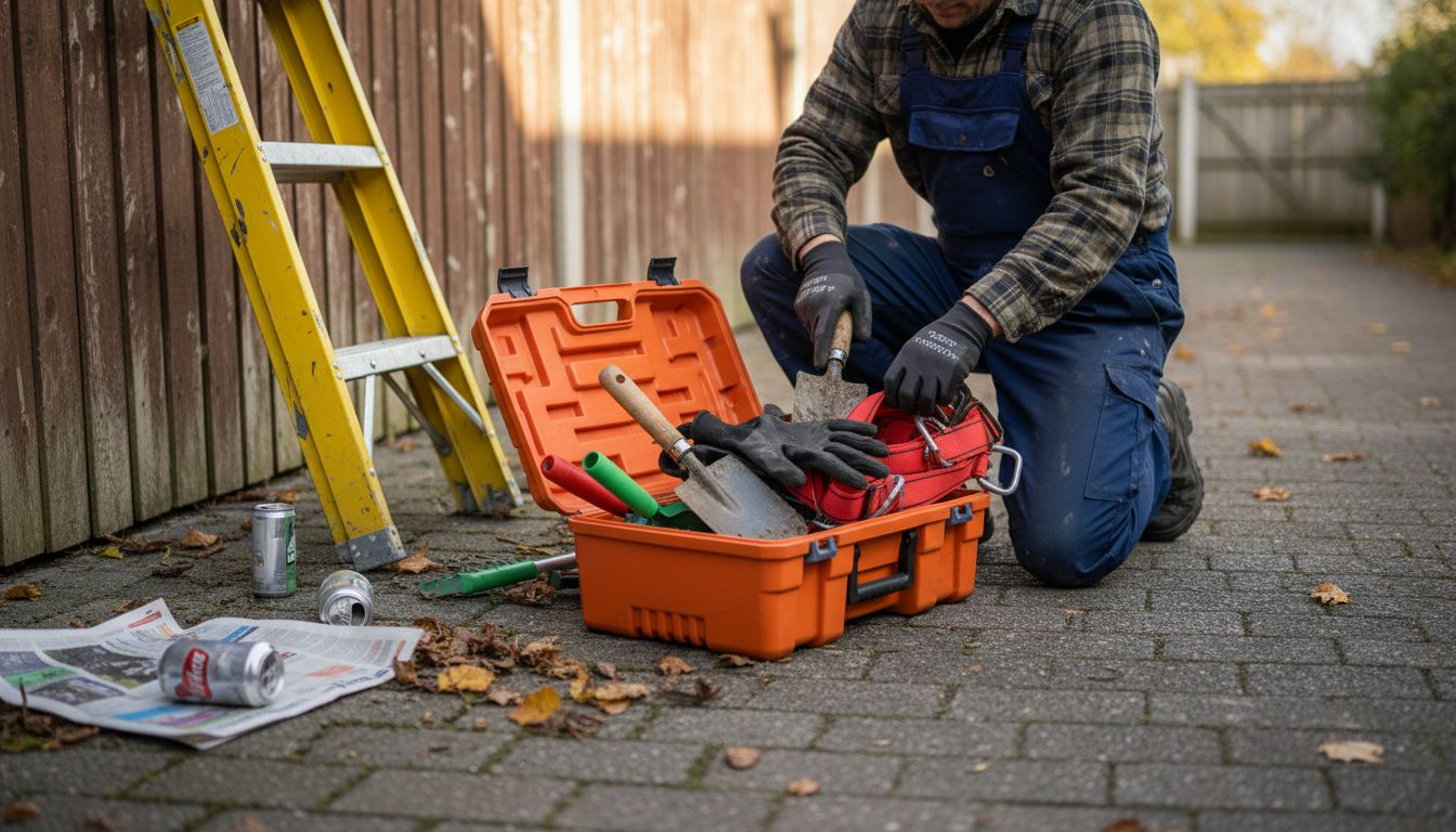 Worker sorting gutter cleaning tools on driveway