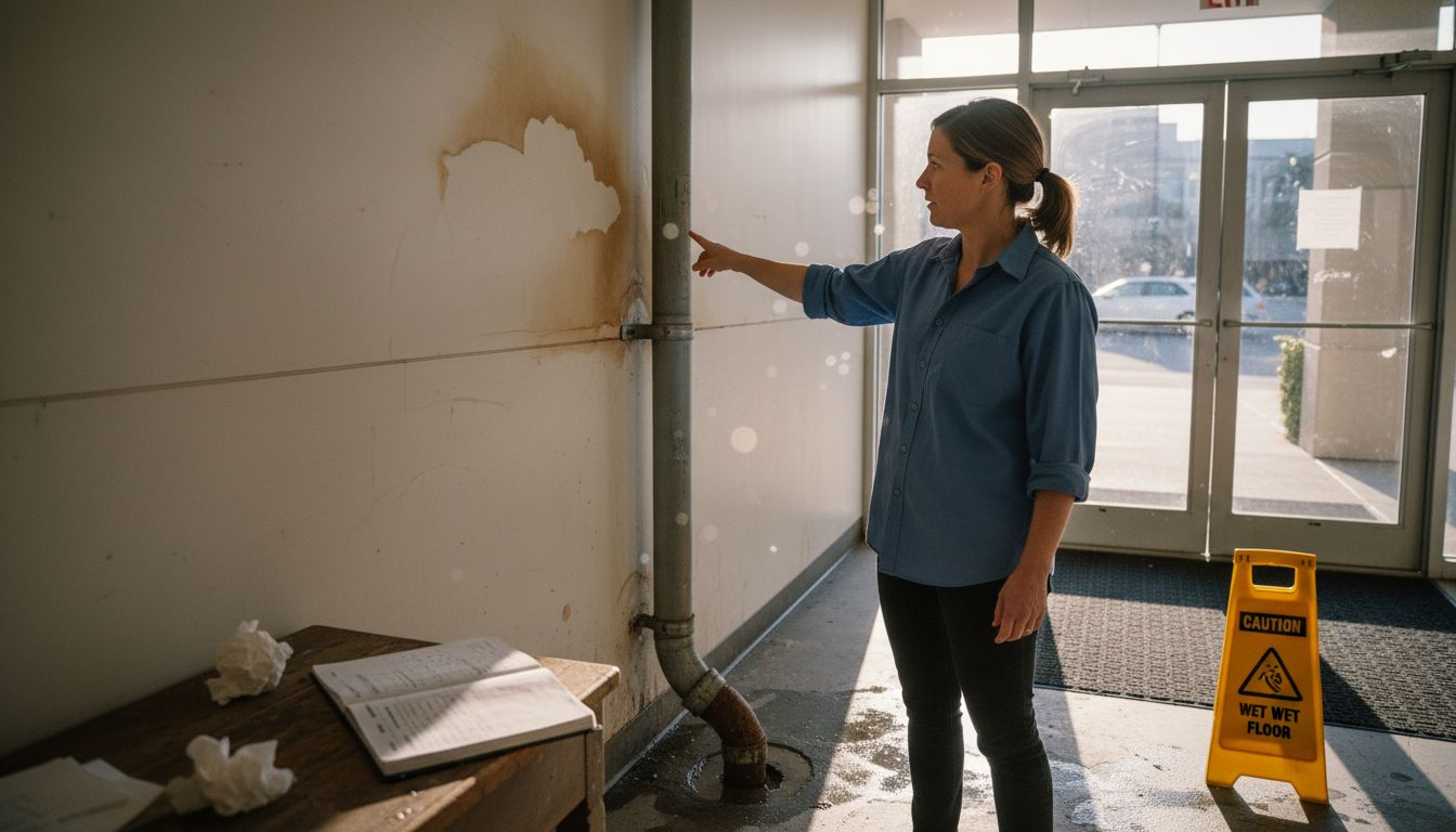 Property manager inspects water damage in lobby