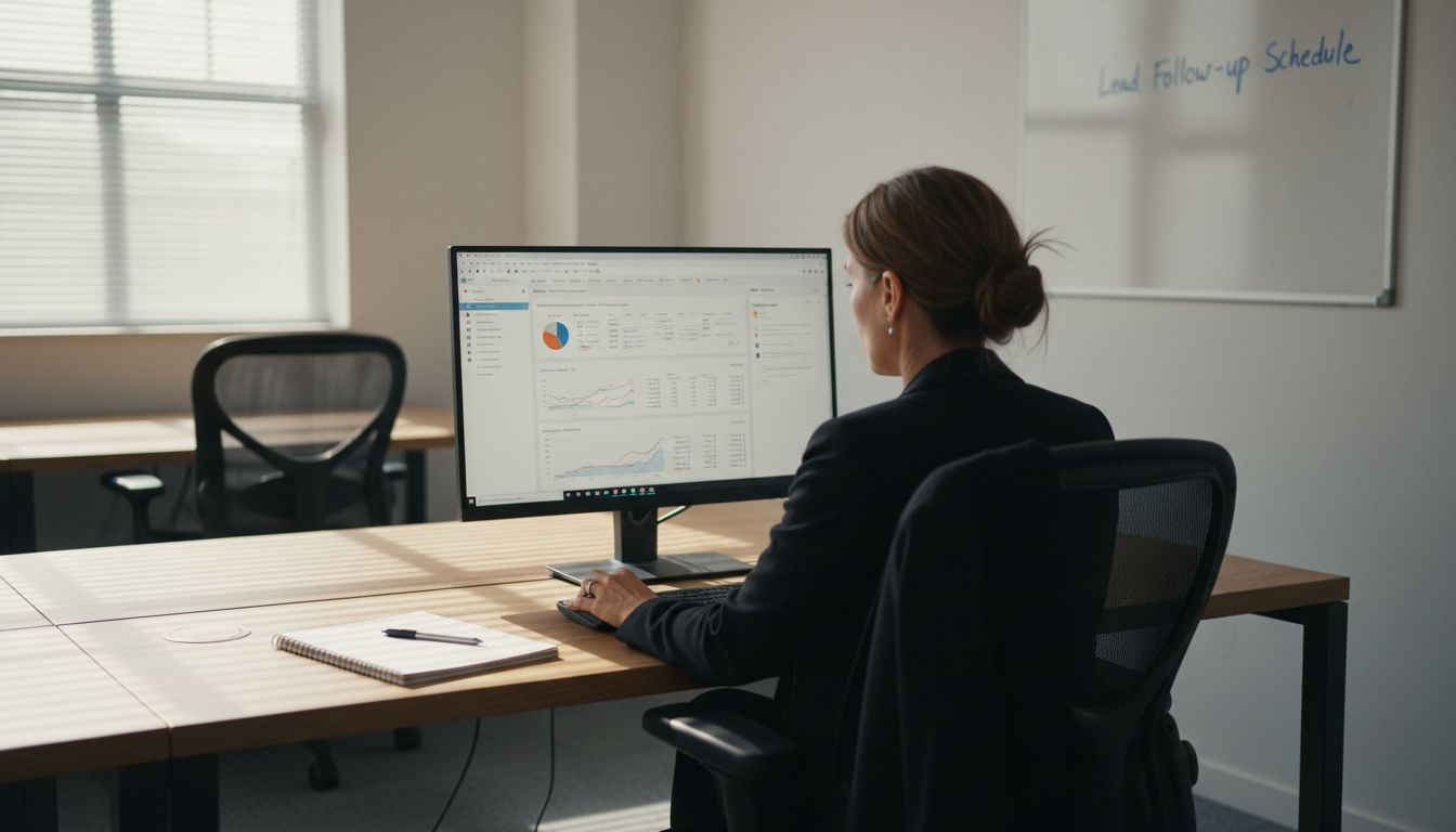 Business owner viewing CRM dashboard at desk