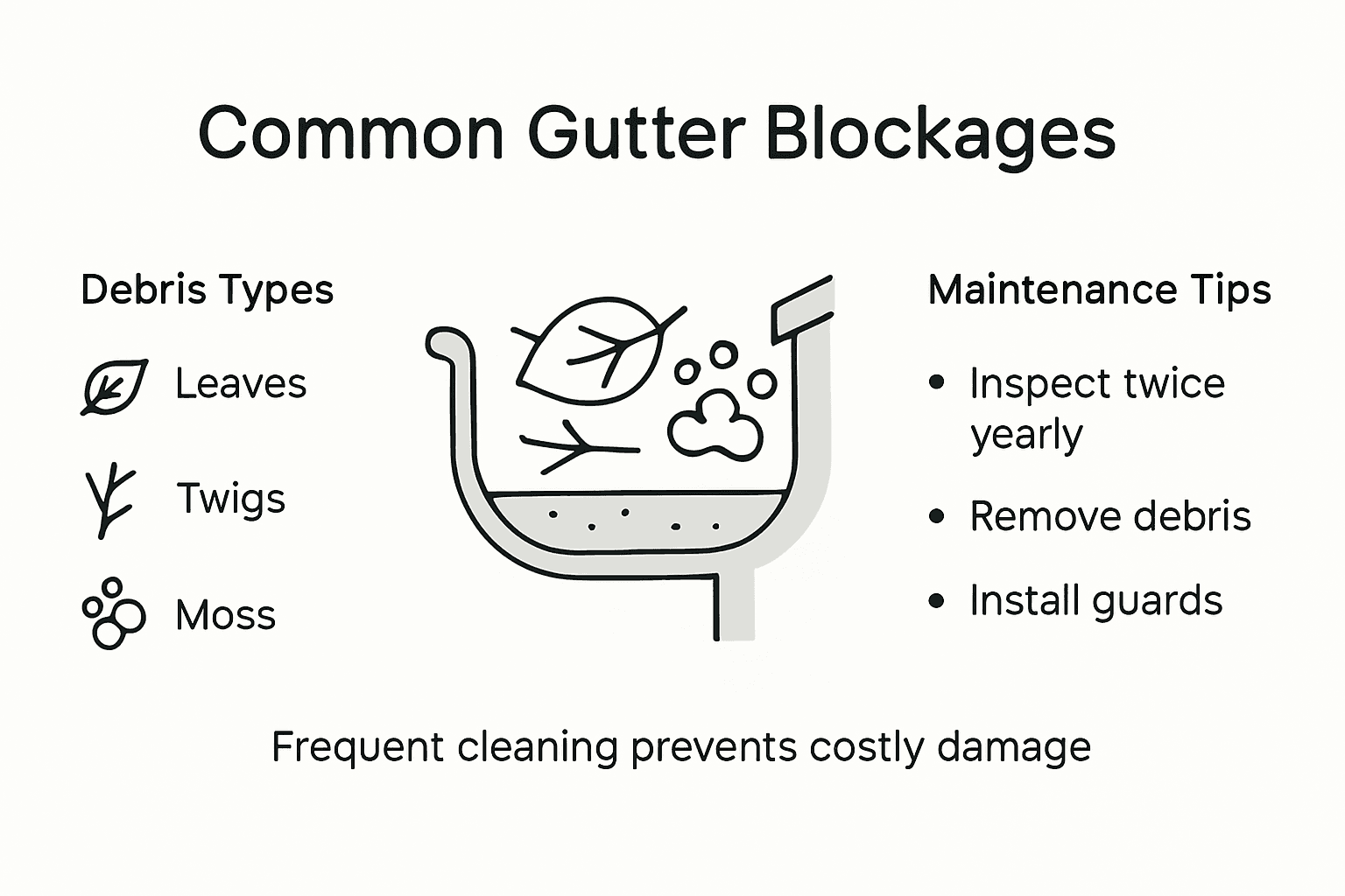 Infographic showing types of gutter blockages and solutions