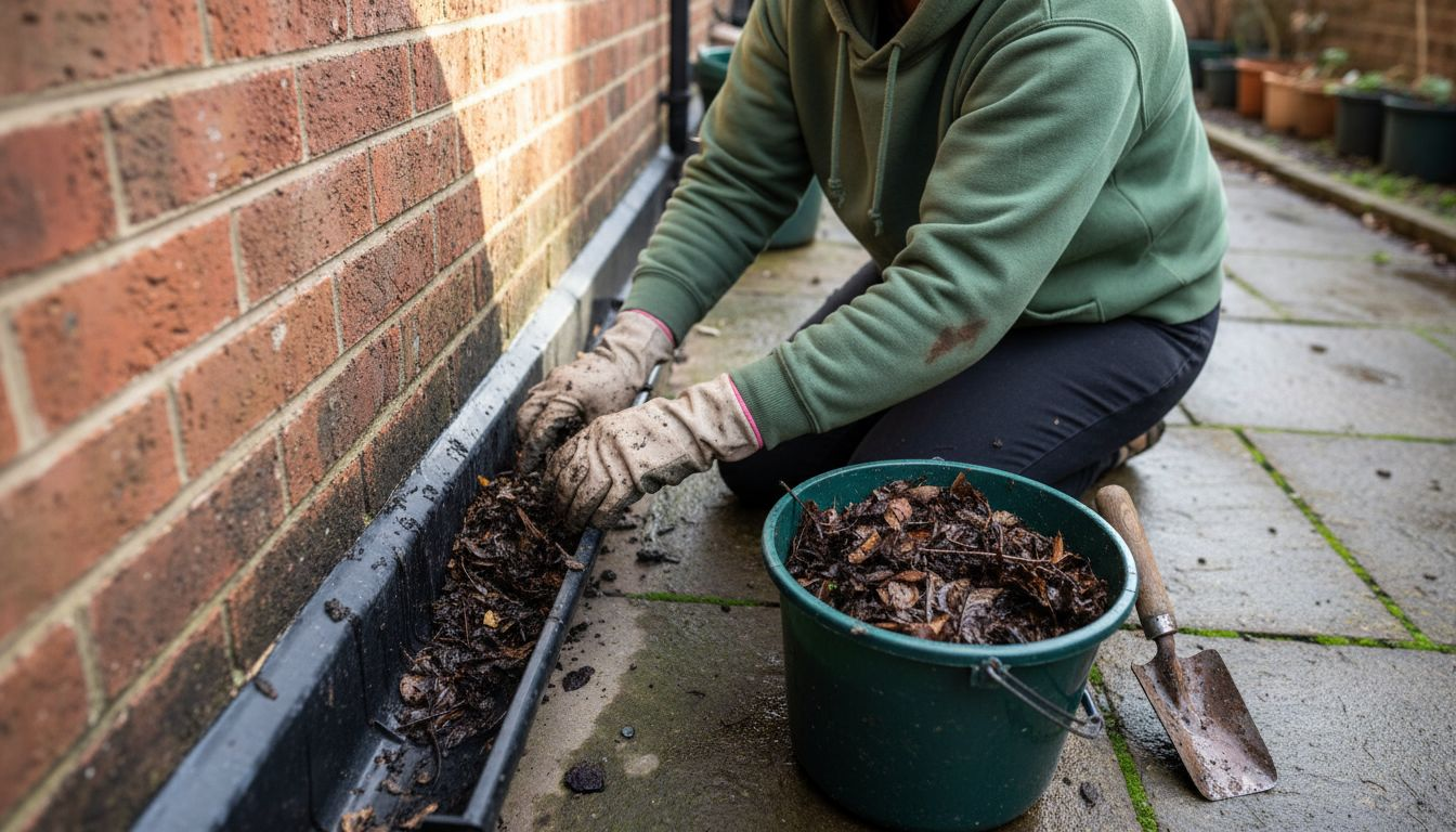 Clearing leaves from home gutter up close