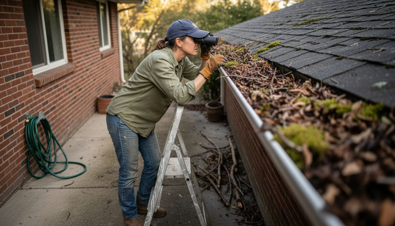 Woman uses binoculars to inspect gutter debris