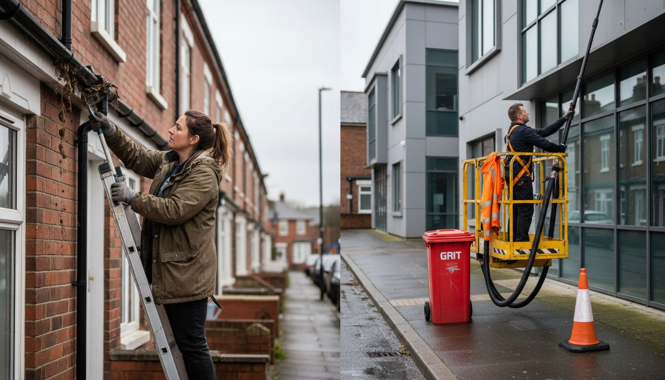 Domestic and commercial gutter cleaning equipment in use