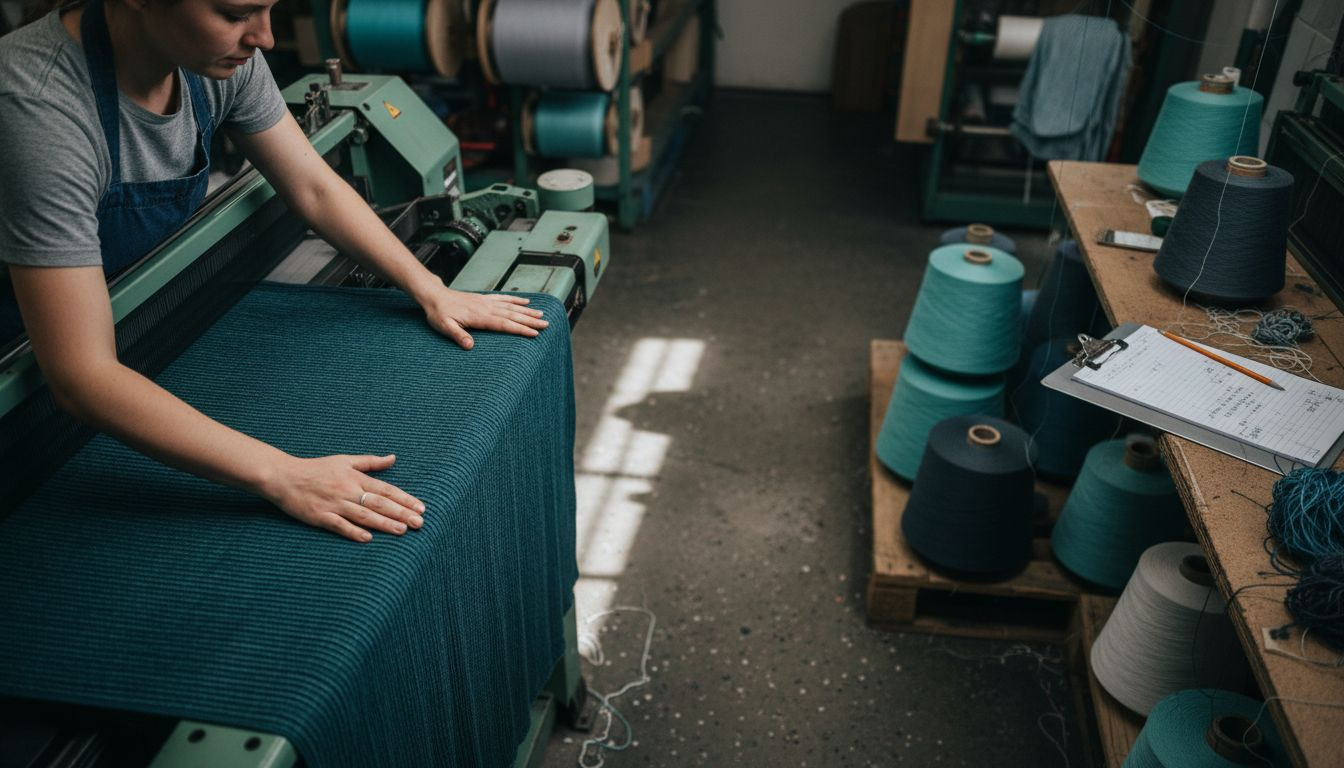 Technician checks regenerated nylon swimwear fabric