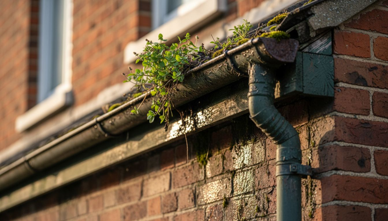 Damaged UK gutter with stains and moss