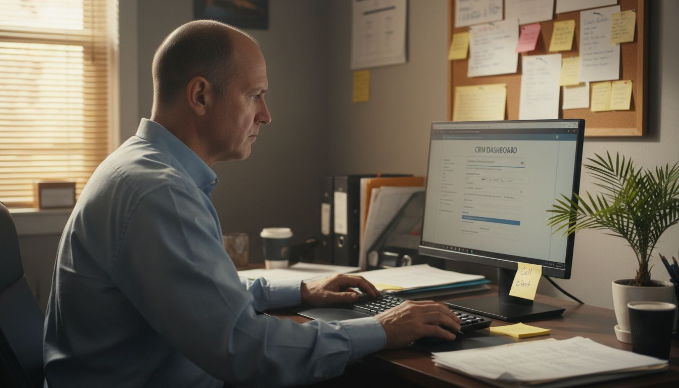 Businessman uses CRM software at cluttered desk