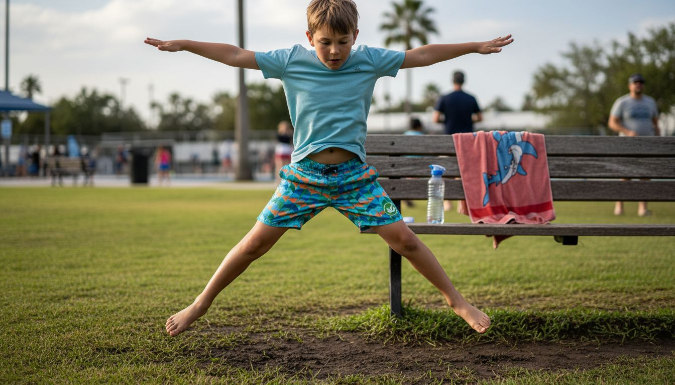 Boy testing swimwear fit with jumping stretch