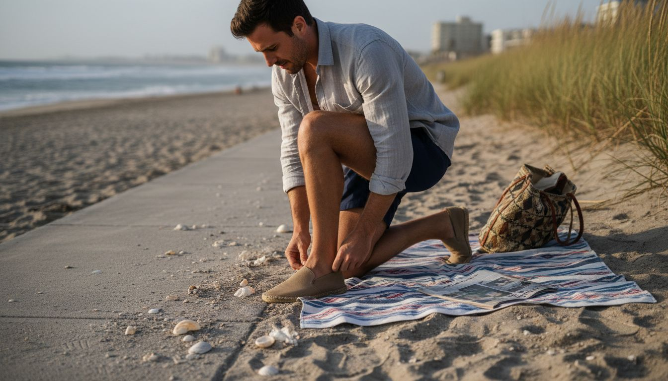 Man putting on beach sandals with cover-up