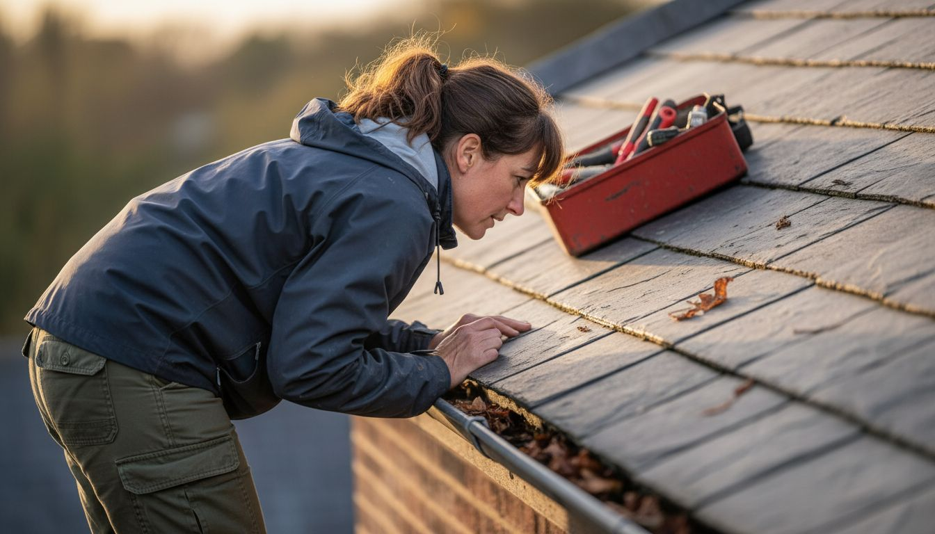 Woman inspecting roof gutter for damage