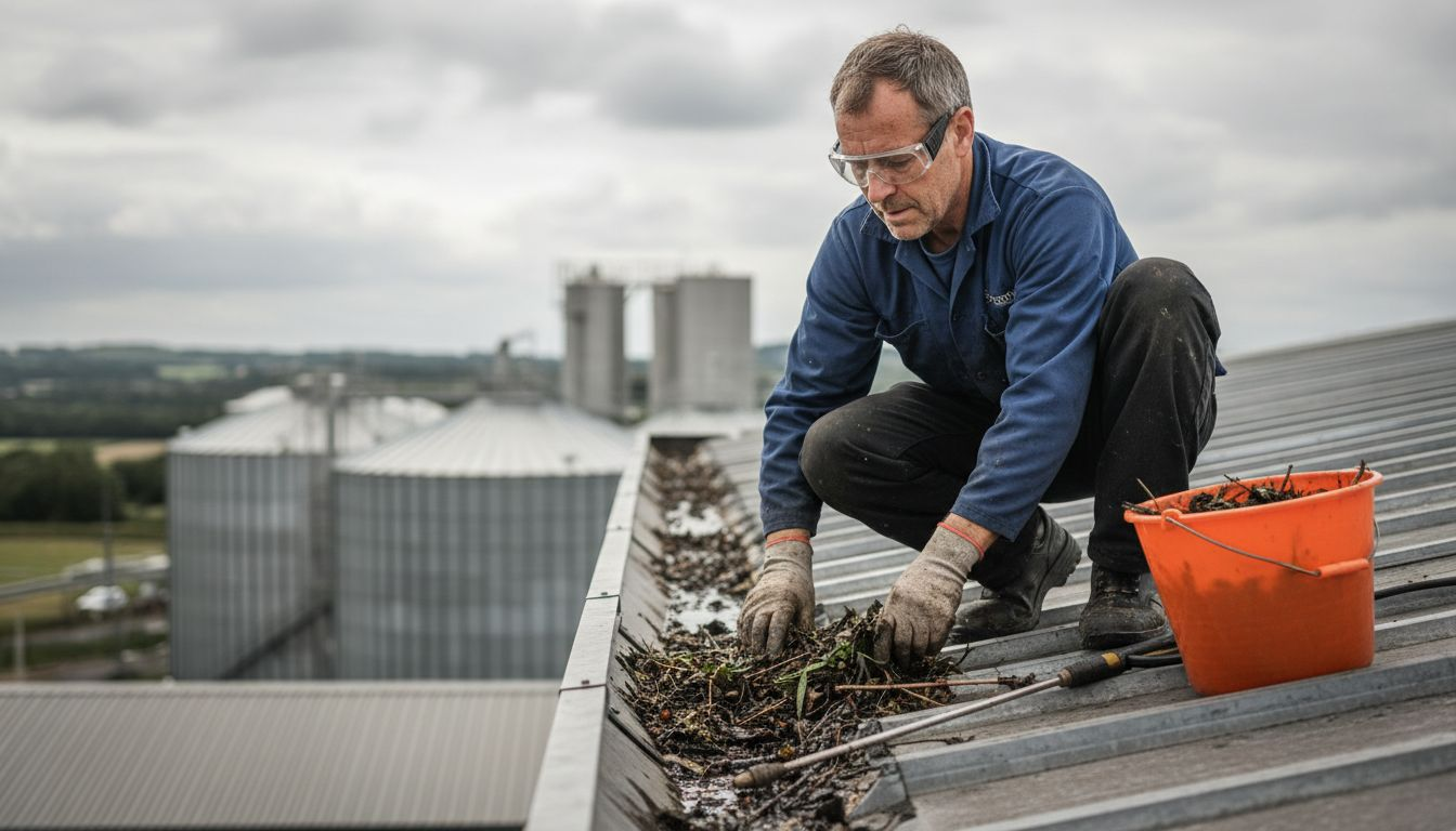 Worker cleaning industrial gutter debris