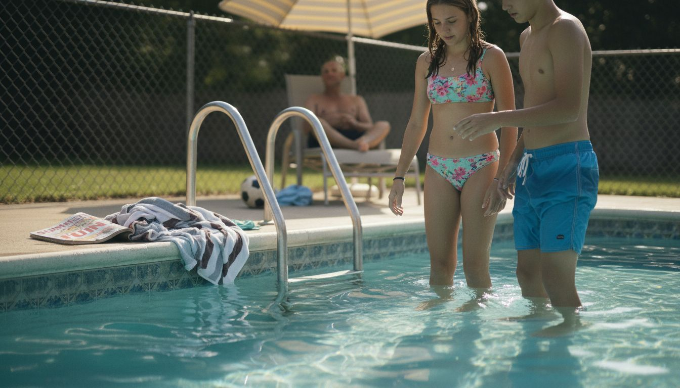 Teens testing swimwear near backyard pool