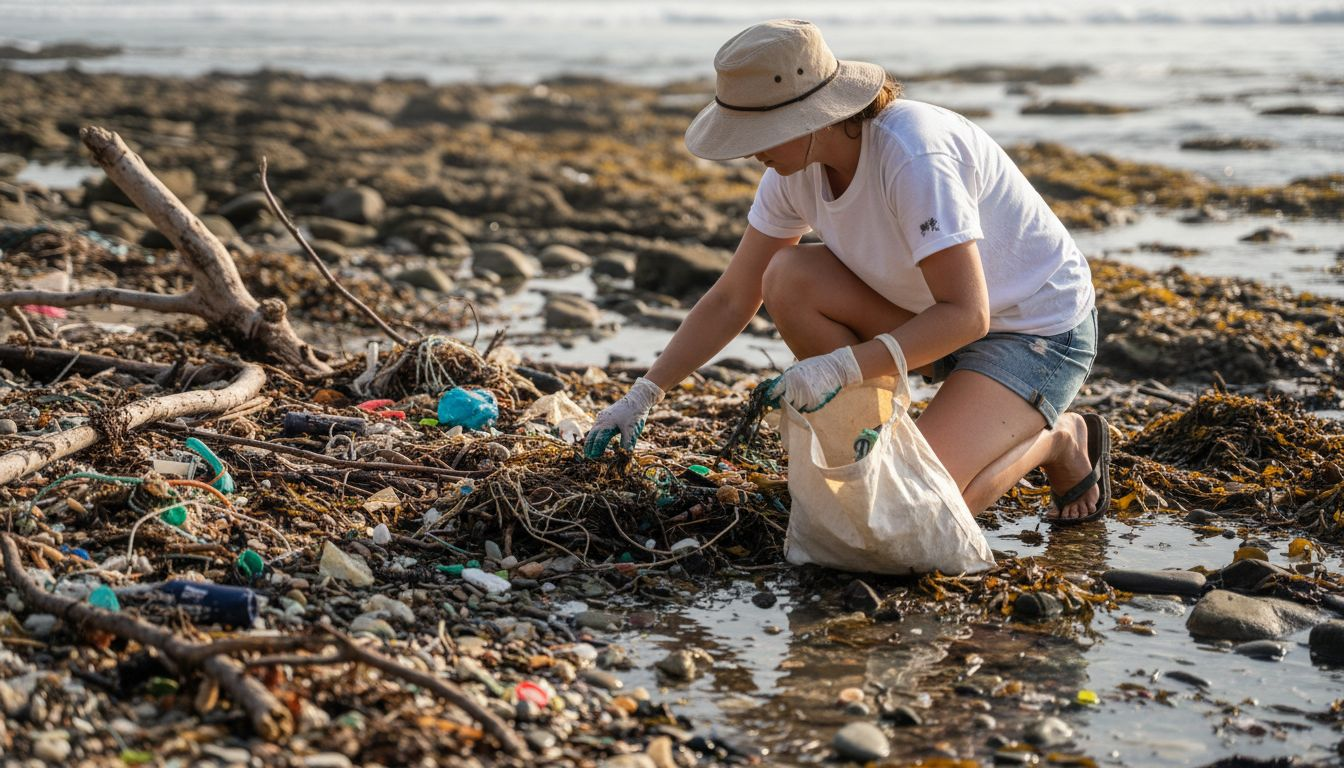 Volunteer cleaning microplastics from beach