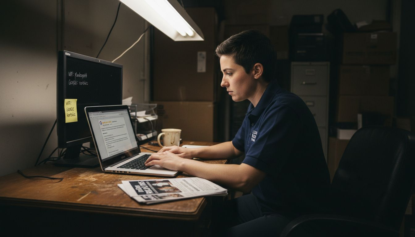 Owner replying to Google Reviews at desk