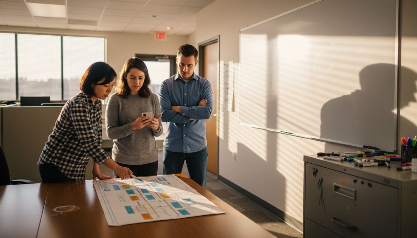 Small team reviewing workflow process