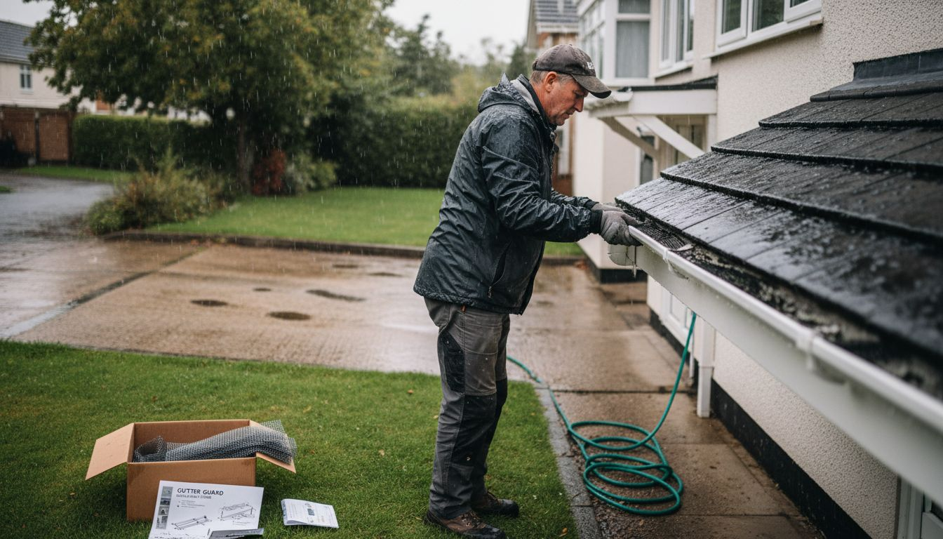 Homeowner installing mesh gutter guard