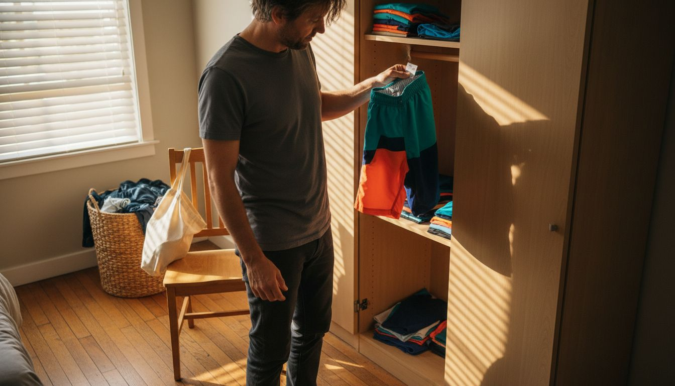 Man choosing recycled swim trunks from wardrobe