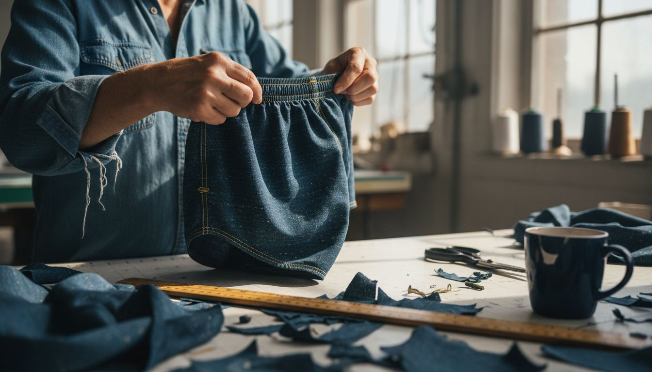 Inspecting recycled swimwear fabric in workshop