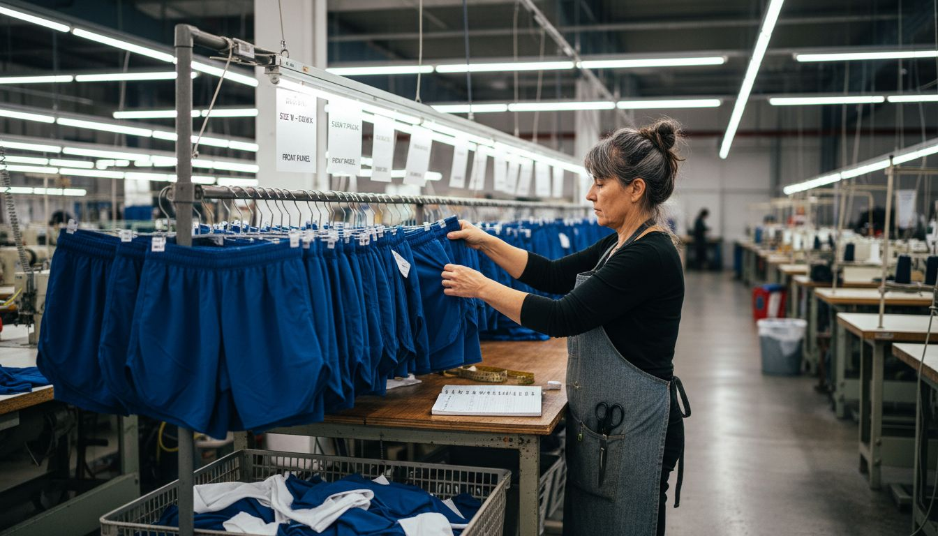 Worker preparing swim trunks in ethical factory