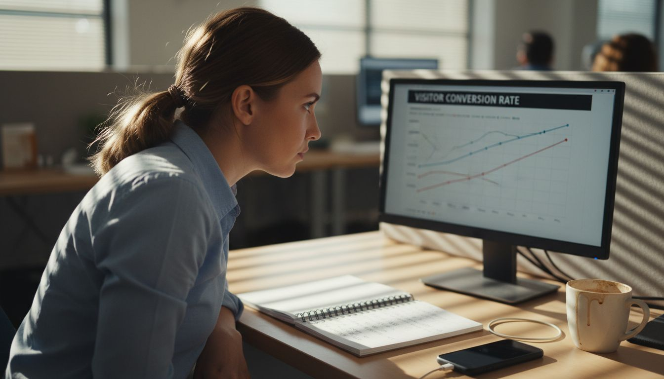 Analyst reviewing visitor conversion rate chart