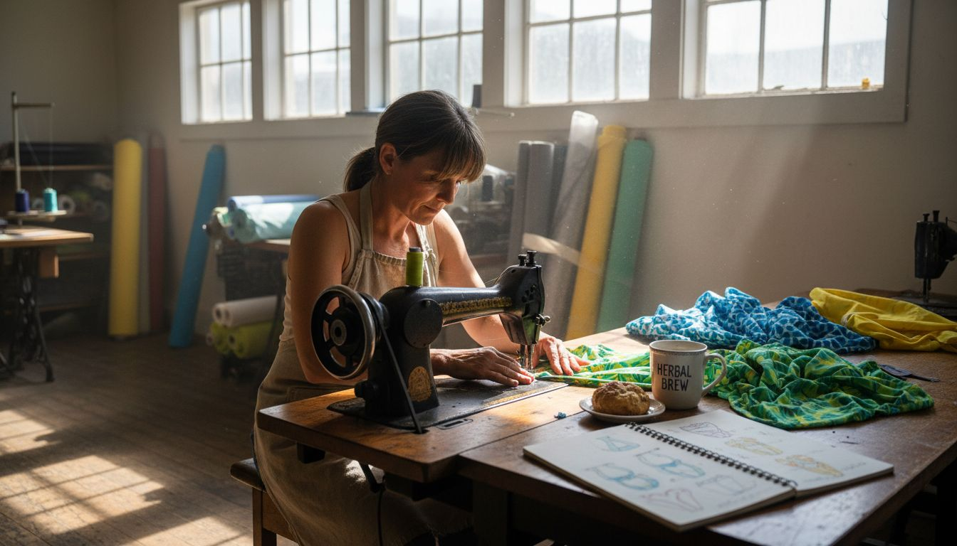 Factory worker sewing recycled swimwear materials