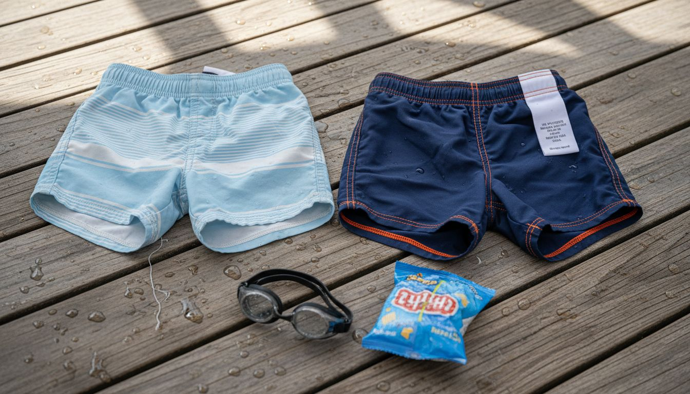 Closeup old and new boys swim trunks