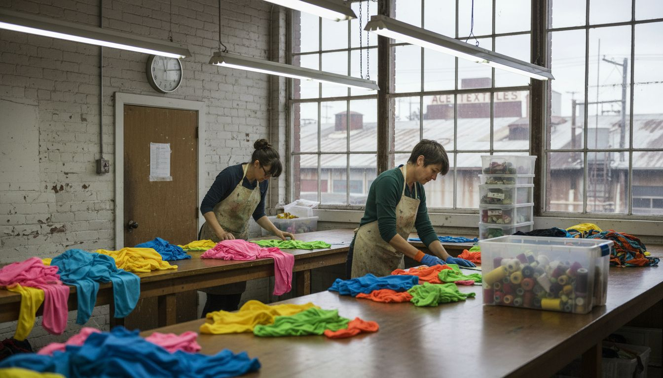 Workers sorting recycled swimwear materials