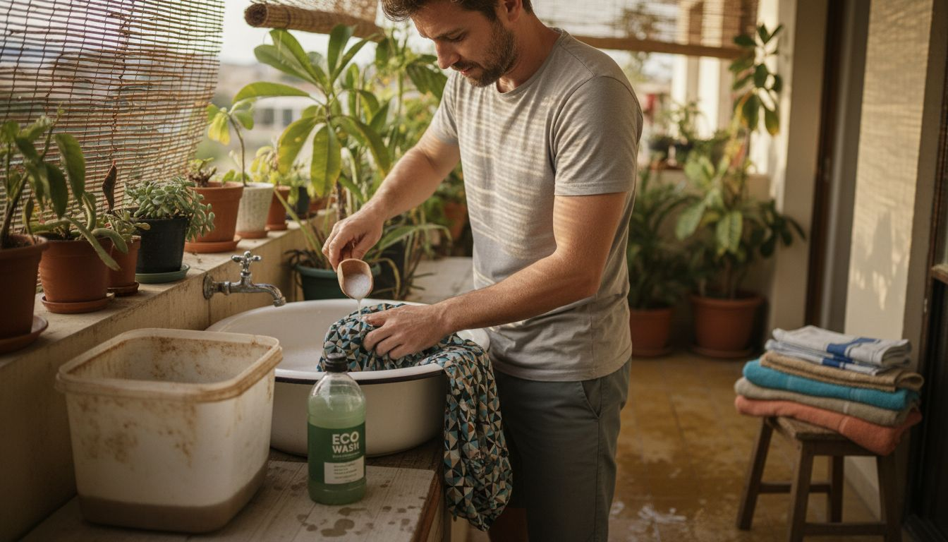 Hand washing eco swimwear on balcony