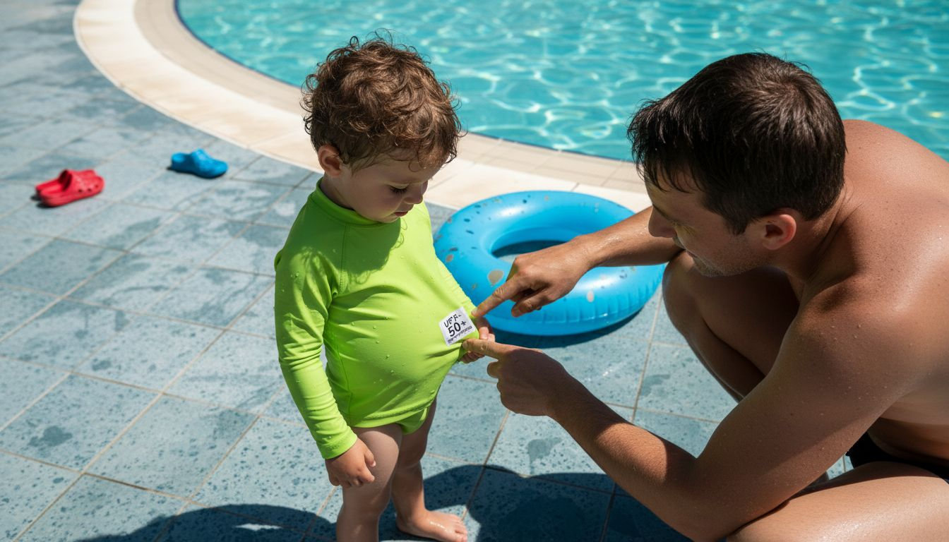 Parent and child checking eco swimwear label