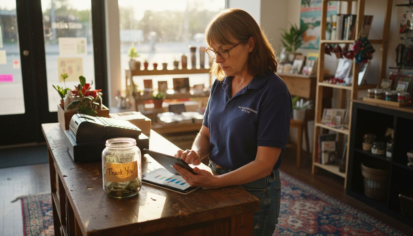 Shop owner checking marketing analytics report