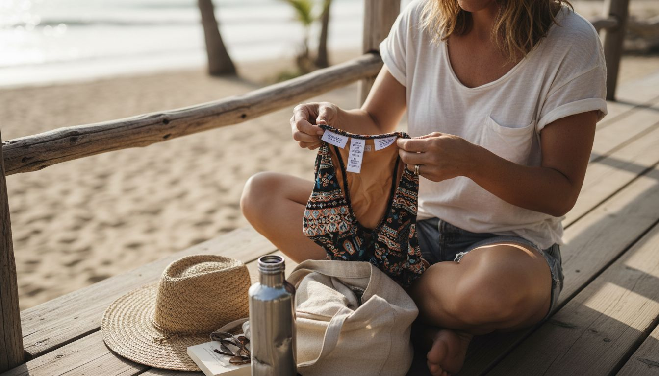 Woman reviewing eco-friendly swim fabric labels