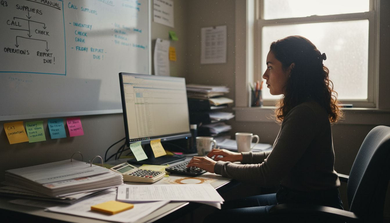 Office manager working in cluttered operations room