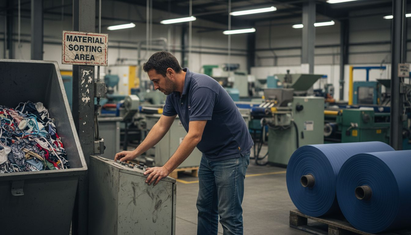 Technician recycling swimwear in factory