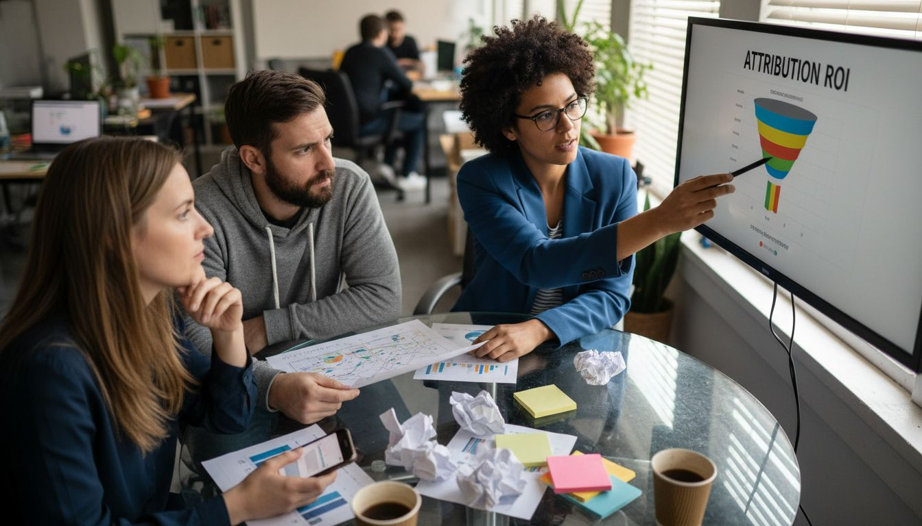 Team reviews marketing attribution diagrams together