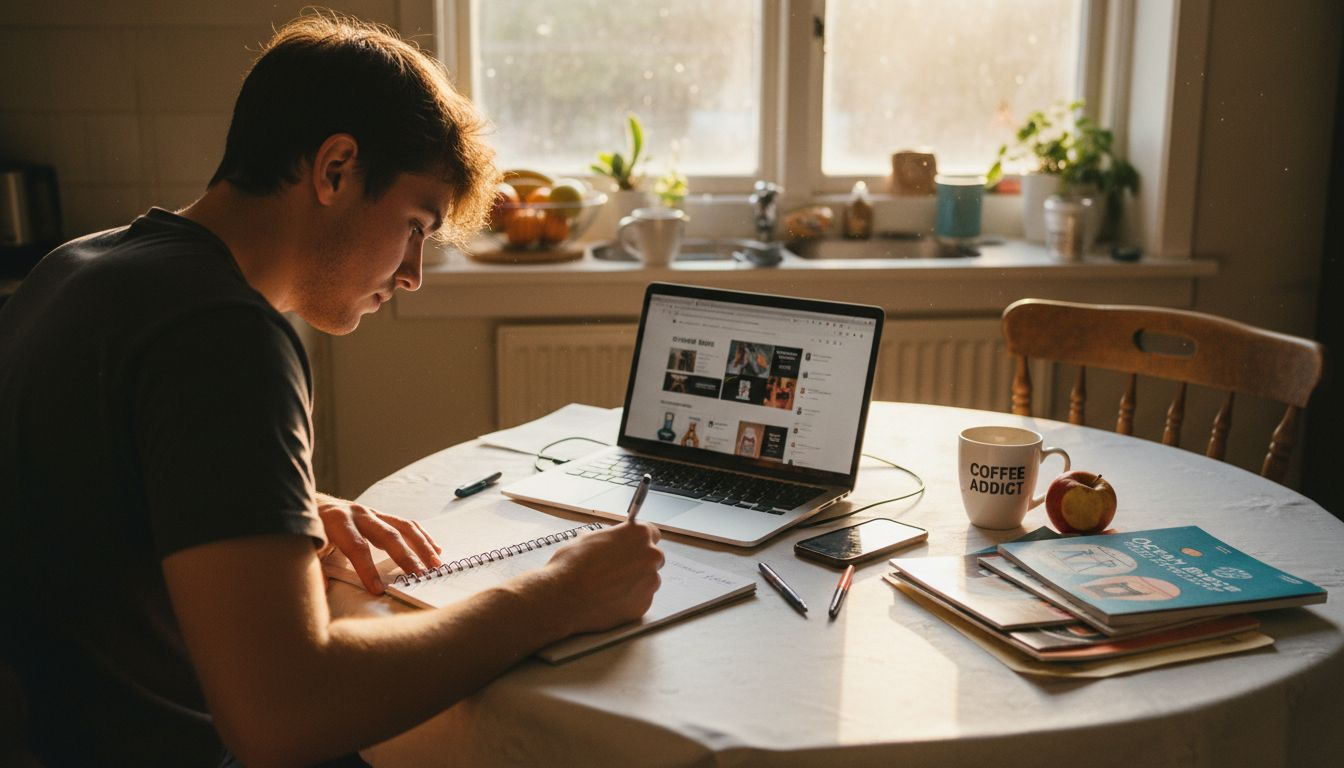 Man researching swimwear brand sustainability at table