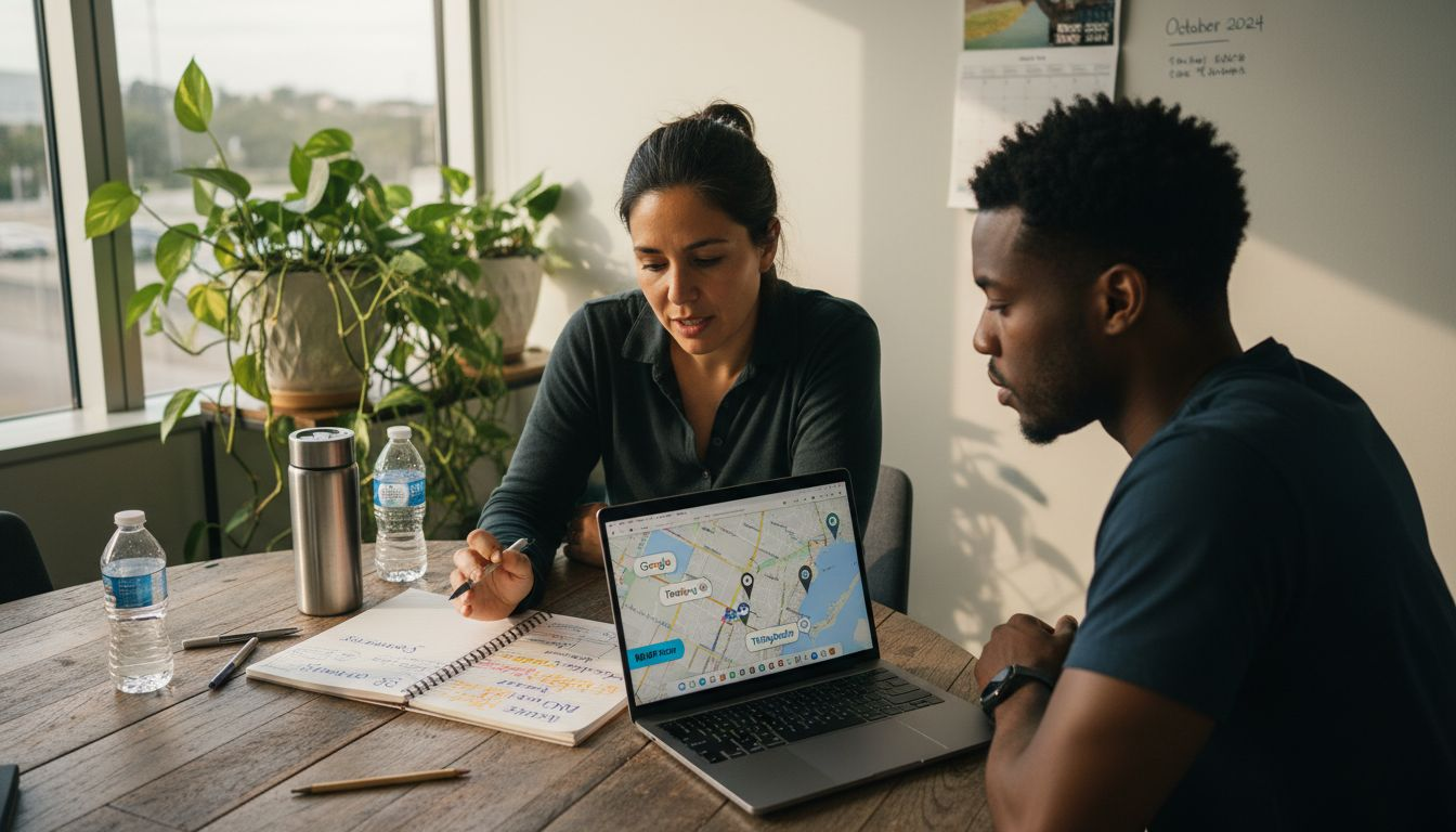 Team discusses local SEO and reviews at office table