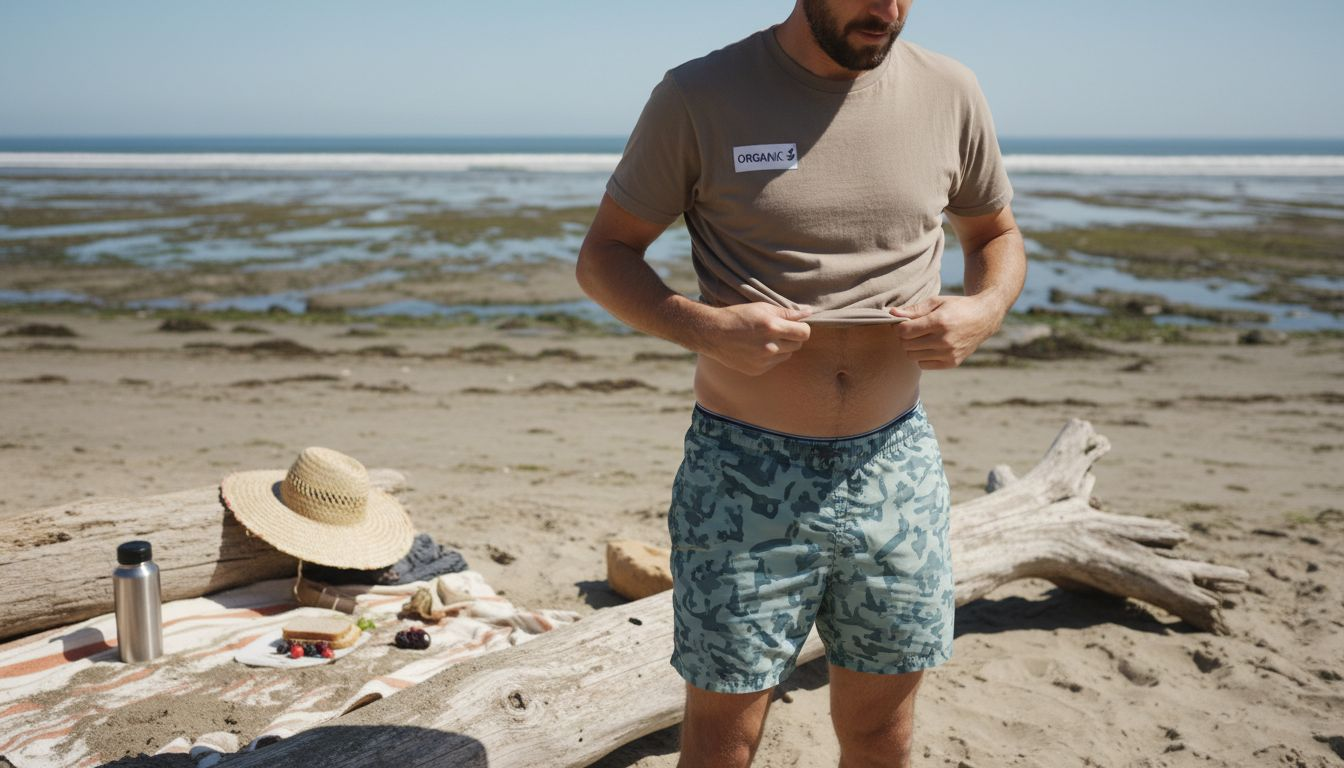 Man putting on eco-friendly shirt at beach