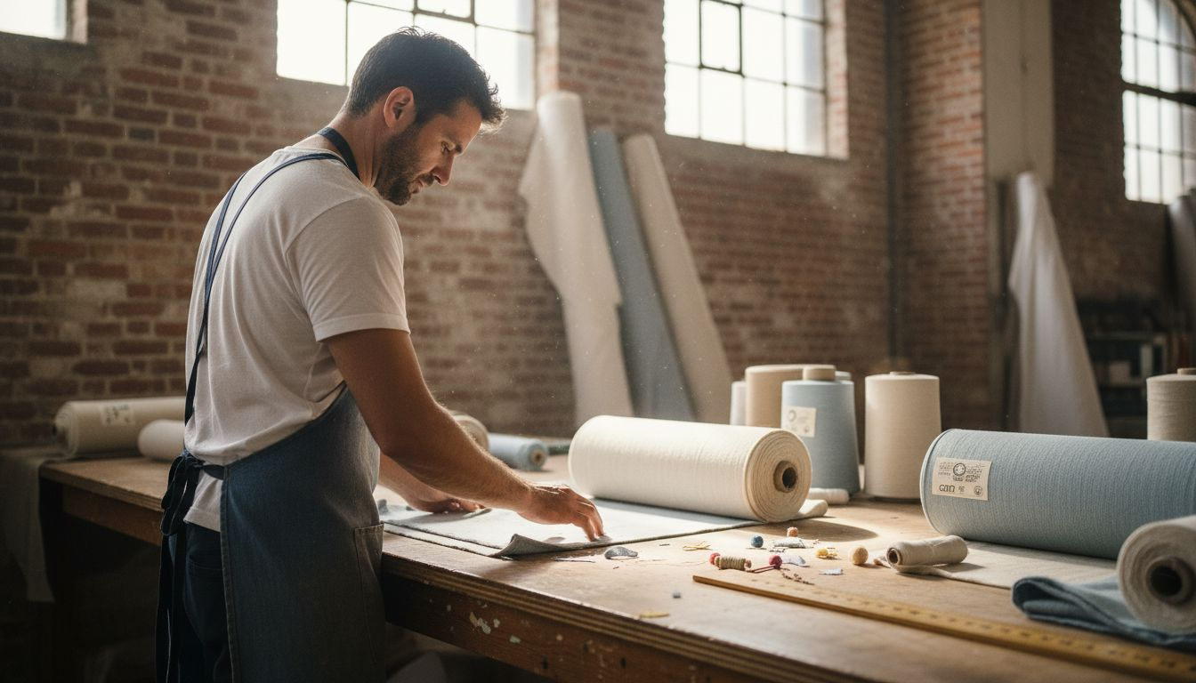 Factory worker handling organic cotton fabric