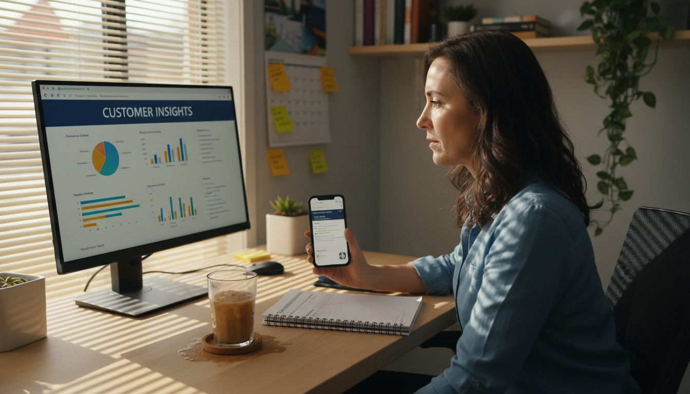 Businesswoman reviewing customer profiles on screen