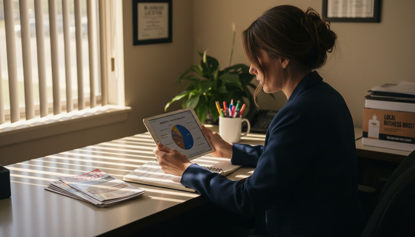 Business owner analyzing marketing channels at desk
