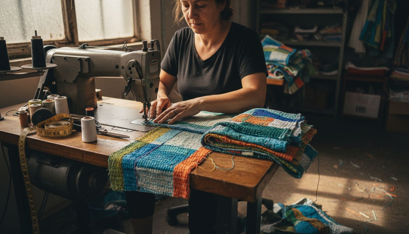 Sewing upcycled swim trunks details