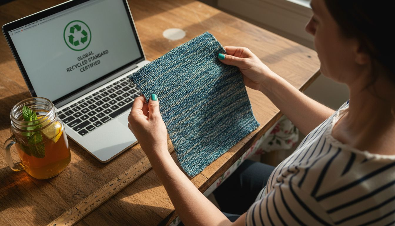 Close-up hands inspecting vegan swimwear fabric