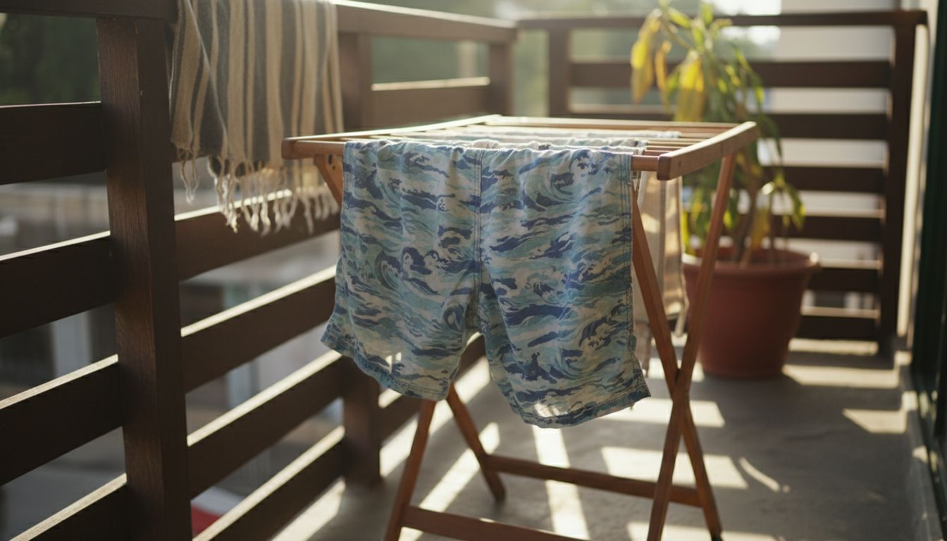 Swim trunks air drying on balcony rack